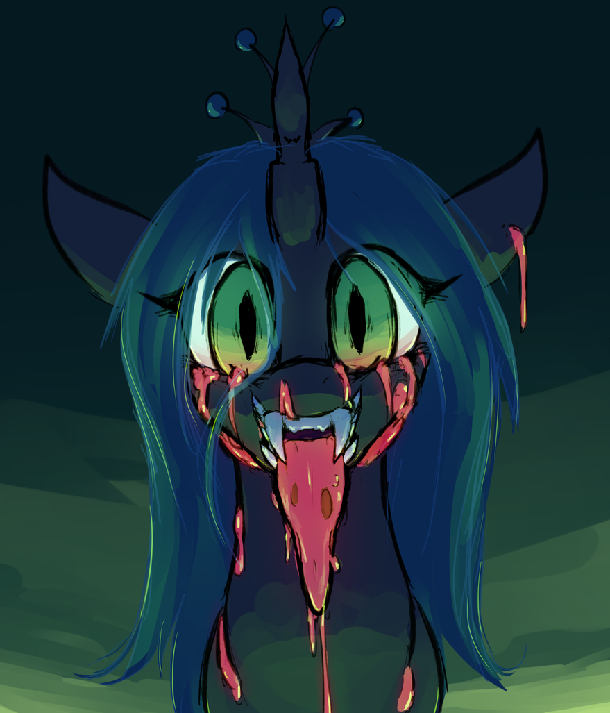 Queen Chrysalis smiling at the viewer with a crazed look in her eye
